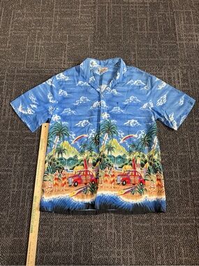 Vintage Evergreen Islands Mens Med Hawaiian Made Shirt Surfboard Cars Hula Dance